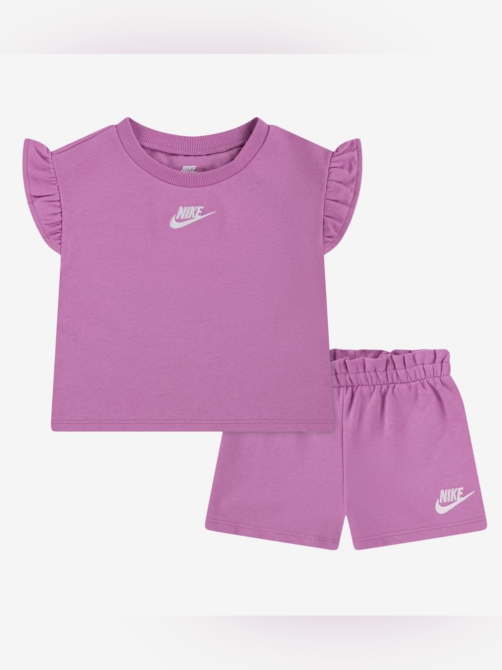 Nike Girl’s French Terry 2 Piece Set Ruffle Sleeve T-Shirt & Shorts Sz 6X Lilac